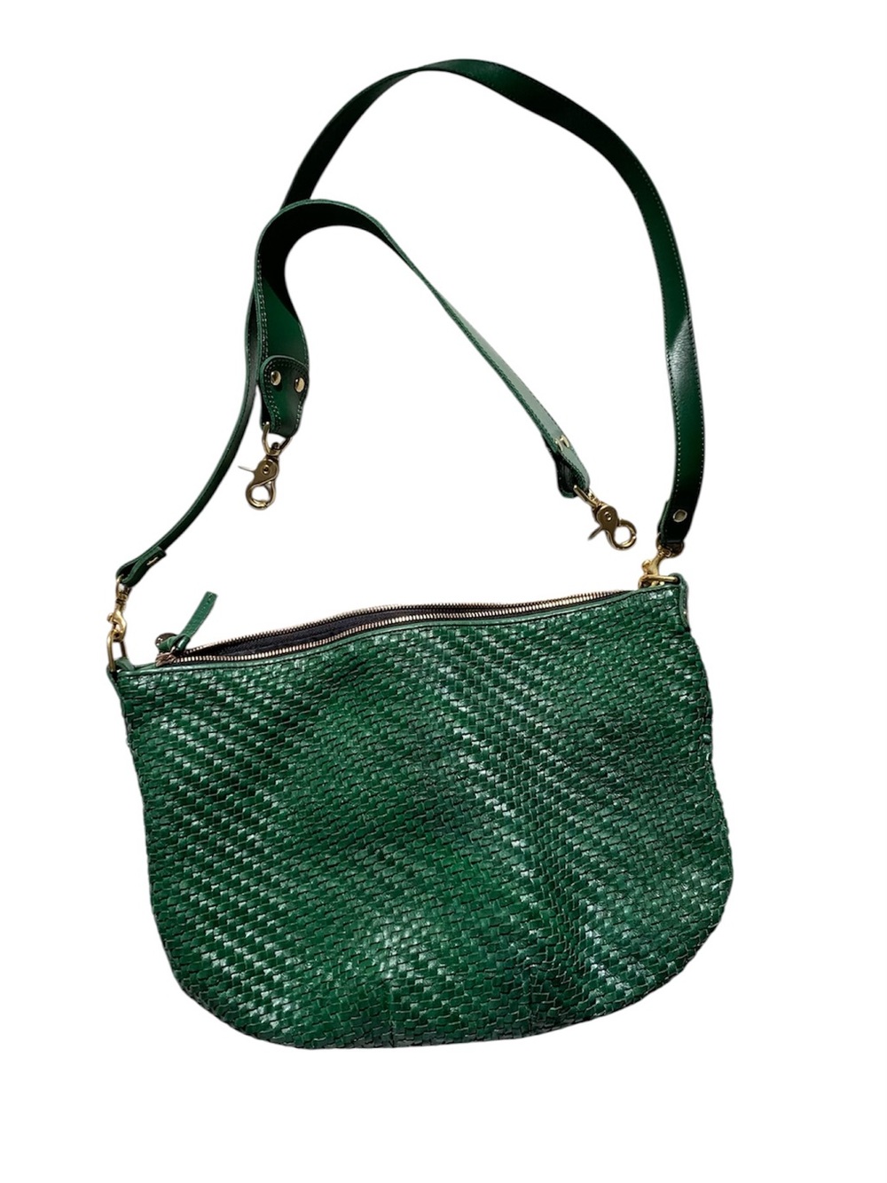 Clare V Green Woven Leather Crossbody Bag with Gold Hardware